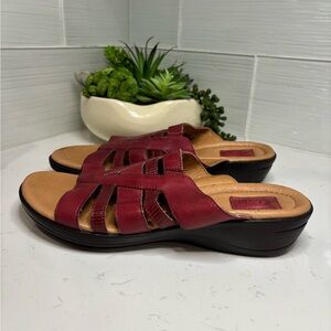 Clarks Artisan Red Leather Strappy Wedge Sandals Comfort Summer Shoes Sz 10W